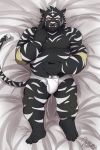  2018 2:3 absurd_res anthro belly black_body black_fur blush bulge clothing felid fur hachura hi_res humanoid_hands lying male mammal overweight overweight_male pantherine solo tiger underwear white_body white_fur 