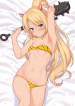  1girl absurdres arm_up bare_arms bed_sheet bikini blonde_hair blue_eyes breasts club collarbone hand_up highres holding holding_weapon iris_(takunomi) long_hair looking_at_viewer lying navel on_back original pointy_ears ponytail seed setsubun skindentation small_breasts smile solo spiked_club stomach strapless strapless_bikini striped striped_bikini swimsuit takunomi very_long_hair weapon yellow_bikini 