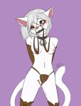  2013 anthro bit_gag black_collar blue_eyes breasts clothed clothing collar domestic_cat exposed_breasts felid feline felis female gag gagged hi_res horseshoe mammal maskedpuppy mostly_nude navel nipples panties petplay pink_nose ponyplay roleplay solo studded_collar topless underwear 