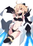  1girl ahoge armpit_peek bikini black_bikini black_gloves black_legwear black_scarf blonde_hair blue_fire blush bow breasts cleavage cube_(cube00) double_v elbow_gloves eyebrows_visible_through_hair fate/grand_order fate_(series) fire full_body gloves hair_bow jetpack looking_at_viewer medium_breasts midriff navel okita_souji_(fate) okita_souji_(fate)_(all) okita_souji_(swimsuit_assassin)_(fate) open_mouth scarf short_hair simple_background single_glove smile solo swimsuit thigh_strap thighhighs thighs v white_background wristband yellow_eyes 