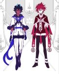  2boys arjuna_(fate/grand_order) arjuna_alter black_hair burning_garment_of_three_gods capelet chest_tattoo child dark_skin dark_skinned_male fate/grand_order fate_(series) heterochromia horns karna_(fate) male_focus mchi multiple_boys multiple_tails red_eyes red_hair red_skin tail tattoo two_tails white_skin yellow_eyes younger 