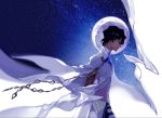  1boy arjuna_(fate/grand_order) black_hair cape chain cloak crescent_moon dark_skin dark_skinned_male fate/grand_order fate_(series) halo male_focus mchi moon night night_sky profile sky solo star_(sky) starry_sky 