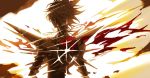  1boy armor cape collar explosion fate/apocrypha fate_(series) from_behind jewelry karna_(fate) male_focus mchi single_earring solo sparkle spiked_collar spiked_hair spikes torn_clothes upper_body 