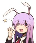  1girl :d animal_ears boa_(brianoa) bunny_ears ear_down eyebrows_visible_through_hair eyes_visible_through_hair hand_up highres long_hair long_sleeves looking_at_viewer necktie ok_sign one_eye_closed open_mouth purple_hair red_eyes red_neckwear reisen_udongein_inaba round_teeth simple_background smile solo star teeth touhou upper_teeth white_background 