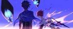  2boys arjuna_(fate/grand_order) arjuna_alter blue_cape blue_hair burning_garment_of_three_gods cape capelet dark_skin dark_skinned_male fate/grand_order fate_(series) from_behind highres horns karna_(fate) male_focus mchi multiple_boys pale_skin red_hair sky white_skin wings 