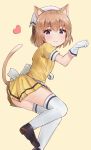  1girl absurdres animal_ears black_footwear blend_s blush brown_hair cat_ears cat_tail from_side heart highres hoshikawa_mafuyu looking_at_viewer paw_pose purple_eyes racchi. shoes short_hair standing standing_on_one_leg stile_uniform sweatdrop tail thighhighs waitress white_legwear 