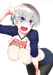  1girl absurdres blue_eyes bra breasts cleavage commentary_request hair_between_eyes hand_up highres large_breasts leaning_forward looking_at_viewer mattari_yufi open_mouth shirt_lift short_hair solo twitter_username underwear uzaki-chan_wa_asobitai! uzaki_hana white_hair 