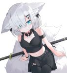  1girl animal_ears ars_almal bangs bare_shoulders black_shirt black_skirt blue_eyes breasts collarbone commentary_request eyebrows_visible_through_hair grey_hair hair_between_eyes katana kuhotaka looking_at_viewer medium_breasts navel nijisanji pantyhose shirt short_hair simple_background skirt solo sword tail virtual_youtuber weapon 