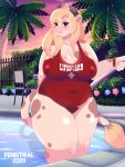  &lt;3 2020 3:4 absurd_res anthro big_breasts blush bovid bovine breasts butt cattle clothed clothing digital_media_(artwork) female fur hair hi_res looking_at_viewer mammal nipples nsfwfenistral one-piece_swimsuit palm_trees pool_(disambiguation) solo swimming_pool swimwear thick_thighs 