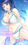  1girl bikini blue_hair breasts character_name commentary_request happy_birthday hozumi_kaoru inflatable_dolphin inflatable_toy large_breasts layered_bikini long_hair love_live! love_live!_sunshine!! matsuura_kanan open_mouth ponytail purple_eyes riding round_teeth side-tie_bikini solo straddling swimsuit teeth upper_teeth water white_bikini 