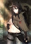  1girl absurdres animal_ears arknights arm_guards bangs belt belt_buckle black_belt black_panties blurry blurry_background blush bow_(weapon) braid breasts brown_cloak brown_gloves brown_hair brown_shirt buckle cloak cowboy_shot crop_top denim earpiece english_commentary eyebrows_visible_through_hair fingerless_gloves french_braid gloves green_eyes grey_pants groin hair_between_eyes hand_on_hip highleg highleg_panties highres holster horse_ears horse_tail indoors jeans light_rays long_hair looking_at_viewer medium_breasts meteor_(arknights) midriff navel panties pants ponytail pouch qqq shirt short_sleeves sidelocks smile solo sunbeam sunlight tail thigh_strap torn_cloak torn_clothes underwear weapon 