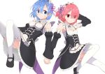  2girls absurdres blue_eyes blue_hair commentary_request detached_sleeves hair_over_one_eye highres holding_hands looking_at_viewer maid maid_headdress mary_janes multiple_girls pink_eyes pink_hair racchi. ram_(re:zero) re:zero_kara_hajimeru_isekai_seikatsu rem_(re:zero) shoes short_hair siblings simple_background sisters thighhighs twins white_background white_legwear zettai_ryouiki 