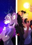  2020 anthro antlers canid canine canis cervid clothed clothing detailed_background digital_media_(artwork) domestic_dog duo eyebrows eyelashes female girly hi_res horn male mammal night outside red_eyes salkitten sky star starry_sky sun 