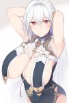  1girl armpits arms_behind_head arms_up azur_lane bangs bare_shoulders blush braid breast_curtains breasts china_dress chinese_clothes cleavage closed_mouth collarbone dress enosan flower grey_dress hair_between_eyes hair_flower hair_ornament highres large_breasts looking_at_viewer neckwear_between_breasts red_eyes revealing_clothes sheer_clothes short_hair side_braid sideboob sirius_(azur_lane) sirius_(azure_horizons)_(azur_lane) solo white_hair 