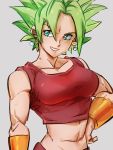  1girl abs arm_at_side bare_arms bare_shoulders bracelet breasts collarbone crop_top dragon_ball dragon_ball_super earrings eyelashes frown green_eyes green_hair grey_background grin hair_over_one_eye hand_on_hip jewelry kefla_(dragon_ball) kemachiku large_breasts looking_to_the_side midriff muscle muscular_female pants parted_lips potara_earrings red_pants short_hair simple_background sleeveless smile solo spiked_hair super_saiyan upper_body v-shaped_eyebrows very_short_hair 