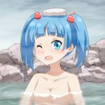  1girl bangs blue_eyes blue_hair blunt_bangs blush breasts cato_(monocatienus) cloud cloudy_sky collarbone commentary_request eyebrows_visible_through_hair fang hair_bobbles hair_ornament kawashiro_nitori looking_at_viewer medium_breasts no_hat no_headwear nude one_eye_closed open_mouth outdoors partially_submerged rock short_hair skin_fang sky solo touhou towel towel_on_head twintails upper_body water 