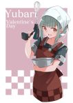  :d absurdres apron bangs blunt_bangs bowl brown_apron brown_eyes character_name cowboy_shot eyebrows_visible_through_hair green_hair highres holding holding_bowl kantai_collection looking_at_viewer open_mouth remodel_(kantai_collection) school_uniform serafuku short_sleeves sidelocks smile uut valentine yuubari_(kantai_collection) 