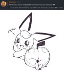  2020 anthro ask_blog big_butt butt clothed clothing curious_cat digital_media_(artwork) english_text fan_character female hi_res joaoppereiraus kanna_(joaoppereiraus) looking_at_viewer looking_back monochrome nintendo open_mouth open_smile pichu pok&eacute;mon pok&eacute;mon_(species) smile solo text video_games 
