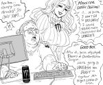  !? 1boy 1girl bb_(baalbuddy) breasts catchphrase commission counter-strike energy_drink english_text facial_hair glasses greyscale hand_on_shoulder highres keyboard large_breasts long_hair looking_at_another monitor monochrome monster_energy nail_polish open_mouth original personification ponytail ribbed_sweater round_eyewear simple_background smile stubble sweater white_background wide-eyed 