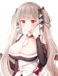  1girl azur_lane bangs bare_shoulders between_breasts black_bow black_dress blush bow breasts cleavage closed_mouth collarbone commentary_request dress eyebrows_visible_through_hair formidable_(azur_lane) frilled_dress frills grey_hair hair_bow hand_up highres large_breasts long_hair long_sleeves looking_at_viewer nasii red_eyes revision shoulder_cutout simple_background solo twintails very_long_hair white_background 