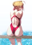  1girl ahoge alternate_costume ass back bare_legs bare_shoulders blonde_hair blush braid commentary competition_swimsuit eyebrows_visible_through_hair fate/grand_order fate_(series) french_braid from_behind green_eyes hair_bun hair_intakes hair_ribbon happymonk highleg highleg_swimsuit highres looking_at_viewer looking_back nero_claudius_(fate) nero_claudius_(fate)_(all) one-piece_swimsuit parted_lips red_ribbon red_swimsuit revision ribbon sitting skindentation smile solo sparkle swimsuit water white_background 