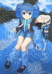  1girl bad_id bad_twitter_id bangs blue_eyes blue_hair blue_scarf blue_skirt blue_theme cloud cloudy_sky commentary_request day dot_nose eyebrows_visible_through_hair highres looking_at_viewer looking_up original outstretched_arm reflection ripples scarf shoes short_hair sitting_on_water skirt sky smile solo twintails wasabi60 water_in_hands 