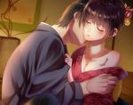  1boy 1girl black_hair blush brown_hair closed_eyes collarbone grey_kimono hair_ornament hair_up hetero indoors izumi_(stardustalone) japanese_clothes kimono kiss original red_kimono renri_no_chigiri_wo_kimi_to_shiru 