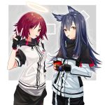  2girls :t absurdres animal_ears arknights bangs black_capelet black_gloves black_hair blush breasts brown_eyes capelet commentary_request cowboy_shot exusiai_(arknights) eyebrows_visible_through_hair food food_in_mouth gloves hair_between_eyes halo hand_up high_collar highres holding id_card jacket long_hair long_sleeves looking_at_viewer medium_breasts mouth_hold multiple_girls pocky raglan_sleeves red_eyes red_hair short_hair short_sleeves standing texas_(arknights) v white_jacket wolf_ears you&#039;a 