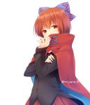  1girl artist_name bangs black_shirt blue_bow blush bow cape commentary_request eyebrows_visible_through_hair hair_between_eyes hair_bow hand_up high_collar long_sleeves looking_at_viewer nnyara pleated_skirt red_cape red_eyes red_hair red_skirt sekibanki shirt short_hair simple_background skirt solo touhou twitter_username upper_body white_background 
