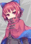  1girl bangs black_shirt blue_bow bow cape commentary_request eyebrows_visible_through_hair grey_background hair_bow long_sleeves looking_at_viewer red_cape red_eyes red_hair ribbon-trimmed_bow sekibanki shirt short_hair solo touhou upper_body uumaru 