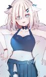  1girl :d animal_ears ars_almal bangs bare_arms bare_shoulders black_ribbon blue_eyes blue_skirt blue_tank_top breasts cleavage commentary_request eyebrows_visible_through_hair grey_hair hair_ornament hair_over_one_eye hair_ribbon hairclip highres kemonomimi_mode looking_at_viewer lower_teeth medium_breasts midriff navel nijisanji open_mouth pleated_skirt ribbon signature skirt smile sofra solo tail tank_top twitter_username two_side_up upper_teeth virtual_youtuber white_background 