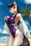  2020 2:3 5_fingers absurd_res anthro beach black_hair blurred_background clothed clothing cloud cutie_mark digital_media_(artwork) earth_pony equid equine eyelashes female fingers friendship_is_magic hair hi_res horse long_hair mammal my_little_pony mykegreywolf octavia_(mlp) one-piece_swimsuit palm_tree pony purple_eyes seaside sky solo swimwear tree 