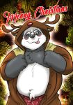  2019 anthro belly black_body black_fur blush christmas fur giant_panda holidays humanoid_hands male mammal one_eye_closed onesie overweight overweight_male pandaemondx solo tongue tongue_out ursid white_body white_fur wink 