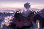  1boy blue_eyes bodysuit cape cat cityscape collar fate/apocrypha fate_(series) fur_cape karna_(fate) male_focus mchi sitting solo spiked_collar spiked_hair spikes white_hair 