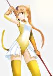  1girl :o absurdres breasts brown_hair commentary elbow_gloves from_below gloves golden_snub-nosed_monkey_(kemono_friends) gradient gradient_background gradient_gloves grey_background highleg highleg_leotard highres holding holding_staff kemono_friends leotard long_hair looking_at_viewer looking_down monkey_tail multicolored_hair open_mouth orange_gloves ponytail purple_hair small_breasts solo staff tail thighhighs wasabi60 yellow_legwear yellow_leotard yellow_tail 