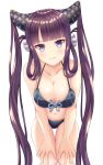  1girl absurdres bangs bare_shoulders bikini blue_bikini blue_eyes blunt_bangs blush breasts cleavage closed_mouth collarbone fate/grand_order fate_(series) hair_ornament highres large_breasts leaning_forward long_hair looking_at_viewer navel purple_hair ripi_ur short_hair sidelocks simple_background smile solo swimsuit thighs twintails very_short_hair white_background yang_guifei_(fate/grand_order) 