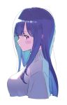  1girl blue_hair blush breasts closed_mouth cropped_torso from_side grey_sweater highres large_breasts long_hair looking_at_viewer nagisa_kurousagi original purple_eyes simple_background solo sweater white_background 