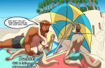  beach bikini blonde_hair brown_hair bucked canid canine cervid clothed clothing cuckold dialogue english_text female hair male male/female mammal palm_tree public red_hair seaside size_difference speech_bubble swimwear text tree url 