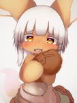  3:4 ambiguous_gender blush cushion cute_fangs eyebrow_through_hair eyebrows face_squish hair hugging_object lagomorph looking_at_viewer made_in_abyss mammal nanachi navel open_mouth squish tabhead tongue translucent translucent_hair yellow_eyes 
