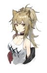  1girl animal_ears arknights bare_shoulders breasts brown_eyes brown_hair cleavage collar collarbone cropped_torso highres large_breasts lion_ears long_hair looking_at_viewer off_shoulder parted_lips ponytail shirt siege_(arknights) simple_background sleeveless sleeveless_shirt solo soyoong_jun white_background white_shirt 