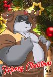  2019 angry anthro belly christmas cute_fangs fur grey_body grey_fur holidays humanoid_hands male mammal onesie overweight overweight_male pandaemondx procyonid raccoon solo text 