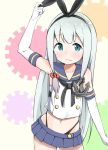  1girl :/ absurdres anchor_hair_ornament aqua_eyes black_ribbon blue_hair blush bow closed_mouth collarbone cosplay crop_top crossover elbow_gloves eromanga_sensei eyebrows_visible_through_hair gears gloves hair_bow hair_ornament hair_ribbon highres izumi_sagiri kantai_collection long_hair looking_at_viewer microskirt midriff navel pleated_skirt racchi. red_bow ribbon sailor_collar shimakaze_(kantai_collection) shimakaze_(kantai_collection)_(cosplay) shirt silhouette skirt sleeveless sleeveless_shirt solo very_long_hair white_background white_gloves white_shirt 