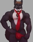  2016 anthro armpit_hair beard big_muscles black_body black_fur black_nipples body_hair brown_eyes brown_hair bulge canid canine canis chest_hair clothed clothing facial_hair fur hair hand_on_hip knuxlight looking_at_viewer male mammal multicolored_body multicolored_fur muscular muscular_male necktie nex_anima_canis nipples simple_background smile solo standing topless two_tone_body two_tone_fur underwear underwear_only white_body white_fur wolf 