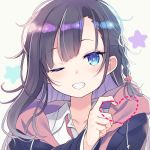  1girl black_hair blue_eyes coat heart heart_hands long_hair looking_at_viewer one_eye_closed open_mouth original shirt smile solo somnium star tagme upper_body 