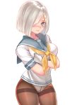  1girl black_legwear blue_eyes blush breasts gloves hair_ornament hair_over_one_eye hairclip hamakaze_(kantai_collection) kantai_collection large_breasts looking_at_viewer no_pants panties panties_under_pantyhose pantyhose pleated_skirt school_uniform serafuku short_hair short_sleeves silver_hair simple_background skirt solo suion_25.c underwear white_background white_gloves white_panties 