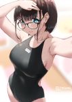  1girl aqua_eyes armpits arms_up artist_name bangs black-framed_eyewear black_hair black_swimsuit blurry blurry_background blush breasts closed_mouth commentary_request competition_swimsuit cowboy_shot depth_of_field eyebrows_visible_through_hair glasses jonsun large_breasts looking_at_viewer mole mole_above_eye mole_on_arm mole_on_neck mole_under_eye mole_under_mouth one-piece_swimsuit original outstretched_arm self_shot short_hair smile solo swimsuit twitter_username 