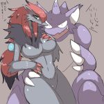  1:1 ambiguous_gender anthro big_breasts breasts duo featureless_(disambiguation) female female/ambiguous grey_background hand_on_breast hand_on_hip inumatori nidoking nintendo nude pok&eacute;mon pok&eacute;mon_(species) simple_background video_games wide_hips zoroark 