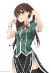  1girl brown_hair commentary_request cowboy_shot green_shirt hair_between_eyes hair_ribbon highres jacket kantai_collection long_hair looking_at_viewer military military_uniform pelvic_curtain red_neckwear remodel_(kantai_collection) ribbon shirt side_slit simple_background solo timato tone_(kantai_collection) twintails uniform white_background 