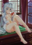  1girl absurdres alcohol anus blue_eyes blue_hair blush breasts commentary covering covering_crotch eyebrows_visible_through_hair feet hair_between_eyes hibiki_(kantai_collection) highres indoors kantai_collection long_hair long_sleeves looking_at_viewer naked_shirt nipples no_bra no_panties open_clothes open_shirt partially_undressed pussy ruuto25 shirt silver_hair sitting small_breasts smile snow table unbuttoned_sleeves white_shirt window 