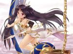  1girl armlet armpits bridal_gauntlets closed_mouth cloud detached_sleeves dress eyebrows_visible_through_hair fate/grand_order fate_(series) floating_hair flying from_side hair_ornament heavenly_boat_maanna holding holding_sword holding_weapon ishtar_(fate)_(all) ishtar_(fate/grand_order) long_hair looking_at_viewer looking_to_the_side racchi. red_eyes ringed_eyes single_detached_sleeve smile solo sword very_long_hair weapon white_dress 